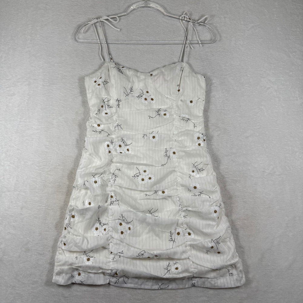 Showpo Where You Are White Floral Ruched Mini Dress Tie Straps Size 6 US NEW